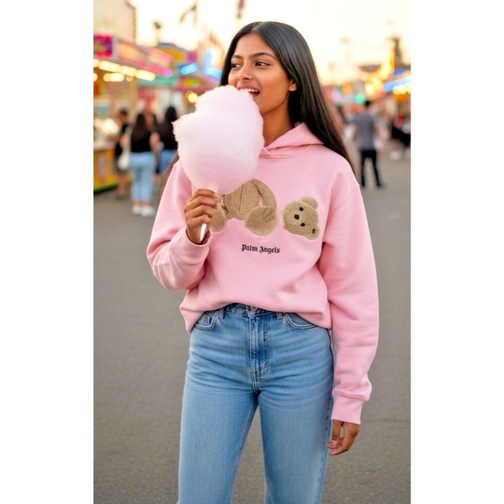 Palm Angels womens pink teddy bear hoodie *flaws* size XL summer party fun!